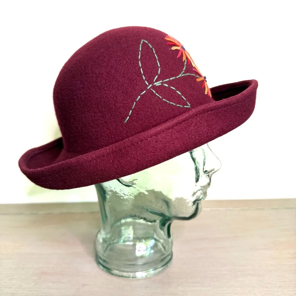 Vintage Bermona Trend Wool Cloche Hat Roll Brim Floral Embroidered Boho Chic M‎